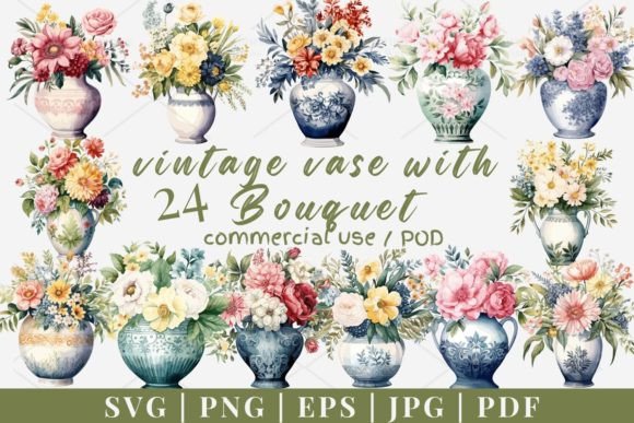 24 Vintage Vase Flowers Vector: Graphics & Illustrations