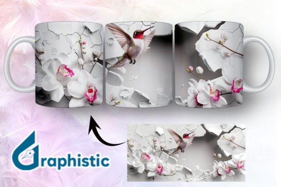 3D Hummingbird Flowers Mug Wrap 05: Graphics & Illustrations