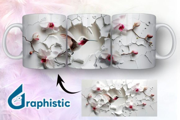 3D Hummingbird Flowers Mug Wrap 07: Graphics & Illustrations