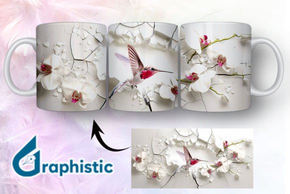 3D Hummingbird Flowers Mug Wrap 08: Graphics & Illustrations