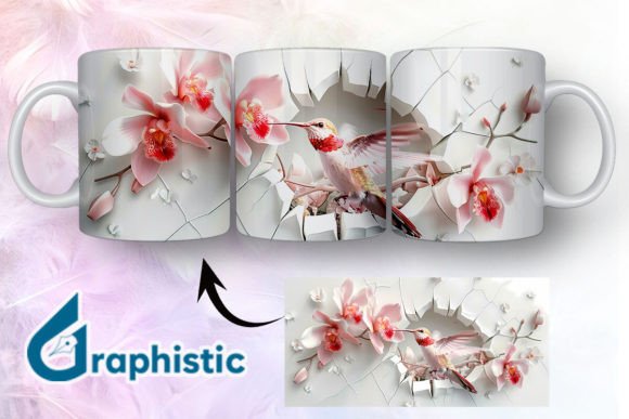 3D Hummingbird Flowers Mug Wrap 12: Graphics & Illustrations