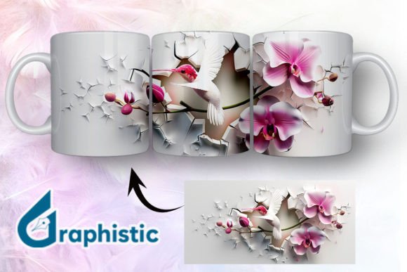 3D Hummingbird Flowers Mug Wrap 18: Graphics & Illustrations