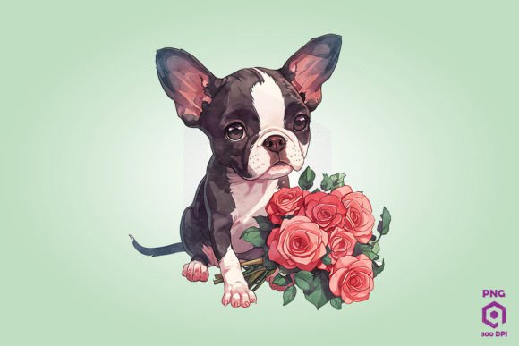 Boston Terrier Giving Flowers: Graphics & Illustrations