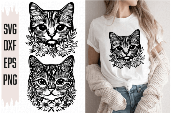 Cat Head Pattern, Flowers: Graphics and Illustrations