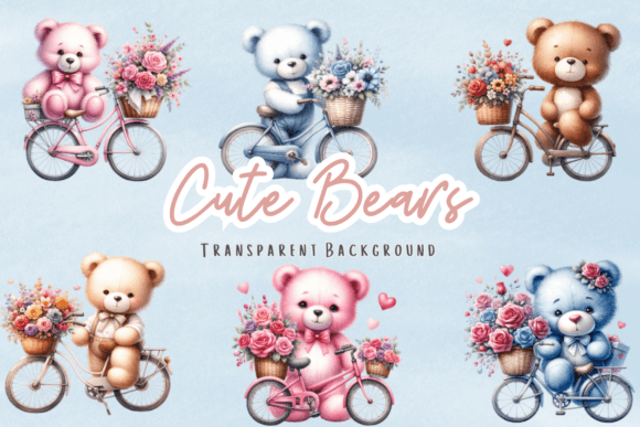 Cute Bear Bicycle Flowers Clipart: Graphics & Illustrations