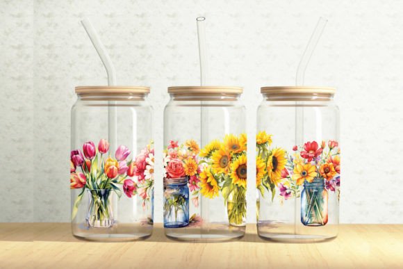 Flowers 16oz Glass Can Tumbler Wrap: Graphics & Illustrations