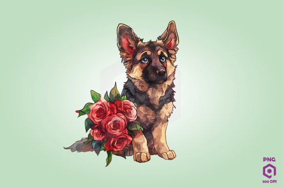German Shepherd Giving Flowers: Graphics & Illustrations