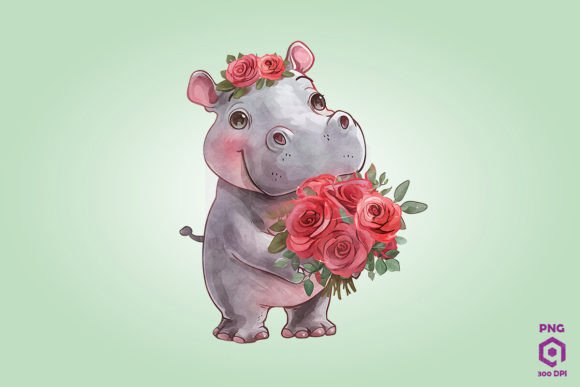 Hippopotamus Giving Flowers: Graphics & Illustrations