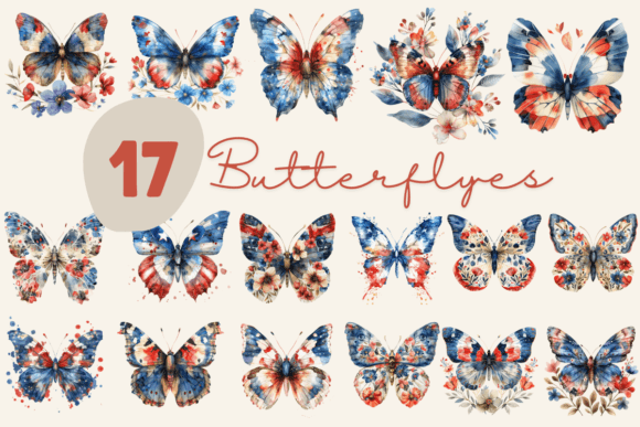 Patriotic Butterfly Flowers Watercolor Graphics & Illustrations