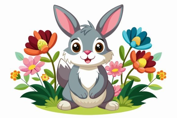 Rabbit Cartoon with Flowers: Graphics & Illustrations