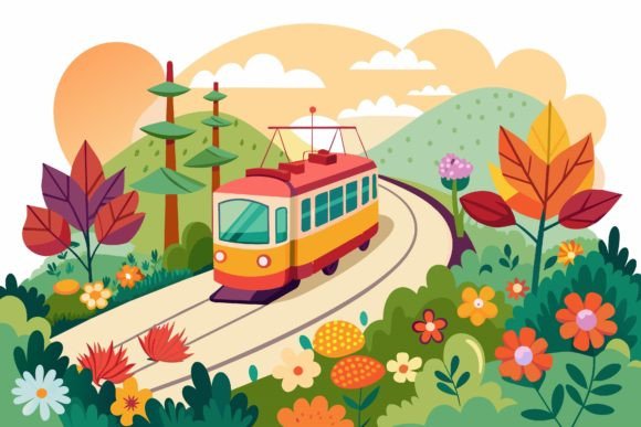 Tram Road Cartoon with Flowers: Graphics & Illustrations
