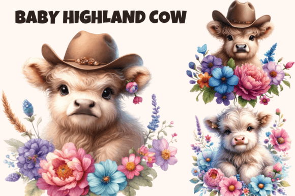Watercolor Flowers Highland Cows Clipart: Graphics & Illustrations
