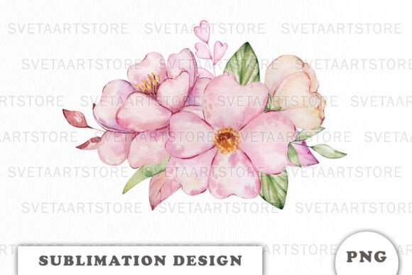 Watercolor Pink Flowers Bouquet Png: Graphics & Illustrations