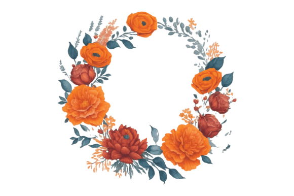Wreath with Orange Watercolor Flowers: Graphics & Illustrations